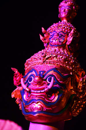 Ancient puppets toy or antique marionette thai style for playing acting on stage show thai people and foreign travelers travel visit festival event fair in night time at Sam Yan in Bangkok, Thailandの写真素材