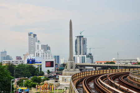 Aerial view landscape cityscape of bangkok city and high building condominium and railway track electric BTS skytrain at Victory Monument area of Ratchathewi urban on July 6, 2013 in Bangkok, Thailandのeditorial素材