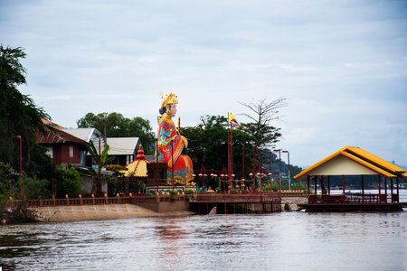 Shrine of Chao Pho Thepharak Chao Mae Thapthim or Mazu Matsu Chinese sea goddess for thai people travel visit respect praying at riverside Chao Phraya on October at 28, 2022 in Nakhon Sawan, Thailandのeditorial素材