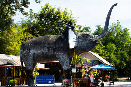 Luang Pu Thuat Buddhist monk on elephant creatures mythical legend for thai people travelers travel visit respect praying holy mystery at Wat Nongmee temple on November 5, 2022 in Ratchaburi, Thailandのeditorial素材