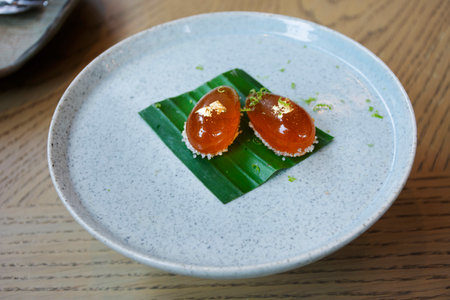 Thai chef cooking food fusion style cuisine sweet snack jelly sohm choon dessert made from lychee...