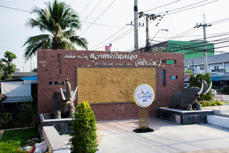 Stage and carving sculpture at good spot point for thai people travelers travel visit take photo in Sai Noi floating street market at Wat Sai Yai temple on November 22, 2018 in Nonthaburi, Thailandのeditorial素材