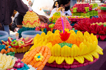 Colorful art handmade krathong or floating lantern basket craft for thai people into float at river...