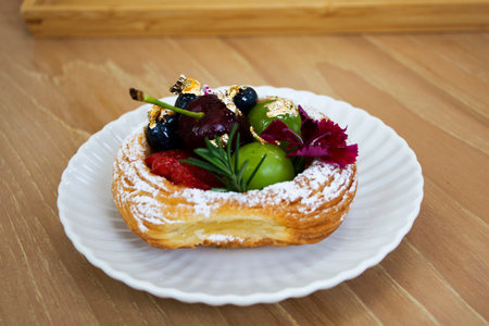 Bread pie and variety fruits jam topping icing for thai people travelers visit eating drinking on...