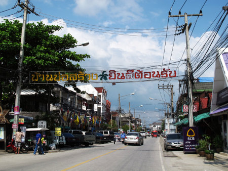 View landscape cityscape of Bo Sang or Borsang Umbrella village rural countryside and traffic road for thai people travelers travel visit journey on street on October 7, 2012 in Chiang Mai, Thailandのeditorial素材