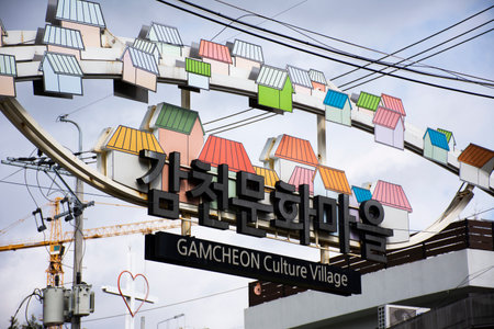 Information board tag label at gate entrance of Gamcheon Culture Village or Santorini of Pusan city for korean people and foreign travelers travel visit on February 18, 2023 in Busan, South Koreaのeditorial素材