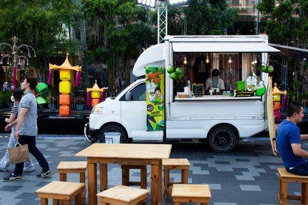 Thai people and foreign travelers travel visit and buy shopping street food cuisine from food truck for eat drink in festival fair at Iconsiam department store on February 25, 2023 in Bangkok Thailandのeditorial素材