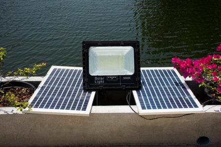 Solar cell panel for made electricity of spotlight lighting lamp in garden outdoor at Wat Don Khanak...