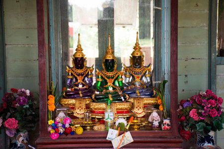 Emerald Buddha or Phra Kaeo Morako statue in abandoned building green house or à¸ºBaan khiao for thai people travel visit respect praying at Phak Hai city on September 17, 2023 in Ayutthaya, Thailandのeditorial素材