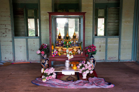 Emerald Buddha or Phra Kaeo Morako statue in abandoned building green house or à¸ºBaan khiao for thai people travel visit respect praying at Phak Hai city on September 17, 2023 in Ayutthaya, Thailandのeditorial素材