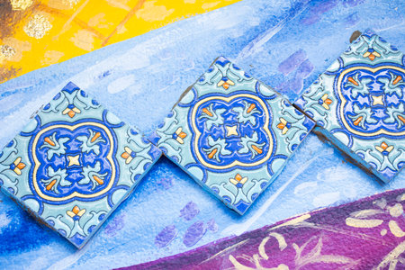 Handicraft retro tracery design ceramic and craft vintage marble tiles patterns on wall with...