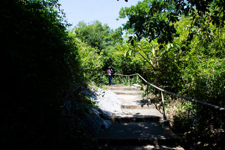 Building antique step stairs of Wat Khao Sanam Chaeng Temple for thai people travelers travel visit...