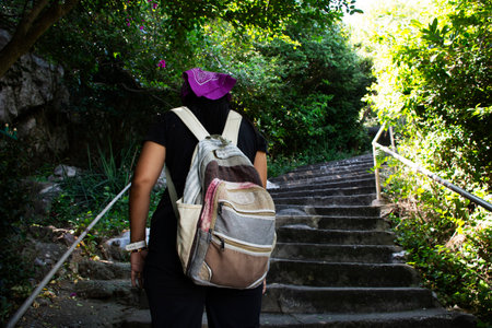 Building antique step stairs of Wat Khao Sanam Chaeng Temple for thai people travelers travel visit...