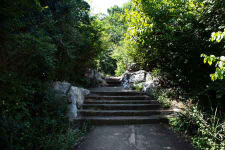 Building antique step stairs of Wat Khao Sanam Chaeng Temple for thai people travelers travel visit respect praying blessing ancient buddha and worship holy myth mystery mystical in Lopburi, Thailandの写真素材