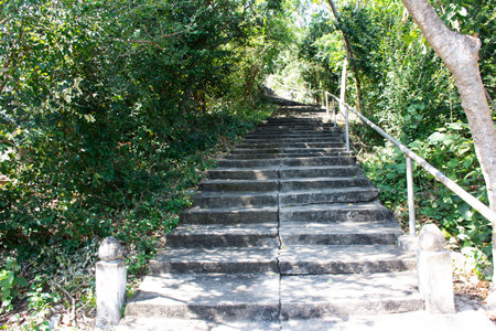 Building antique step stairs of Wat Khao Sanam Chaeng Temple for thai people travelers travel visit...