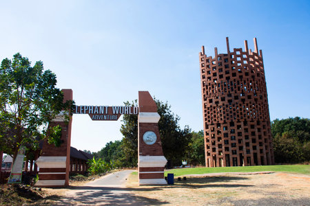 View landscape and modern building art of Ban Ta Klang or Taklang Elephant Village Study Centre for thai people travelers travel visit learn life local Kui ethnic on January 5, 2024 in Surin, Thailandのeditorial素材