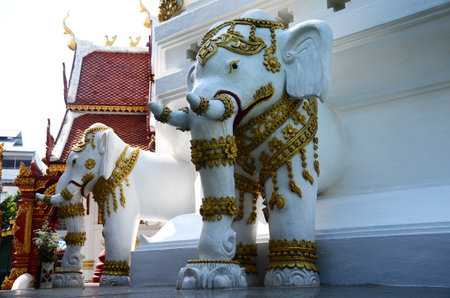 Carving sculpture antique holy elephants statue on ancient chedi pagoda stupa for thai people...