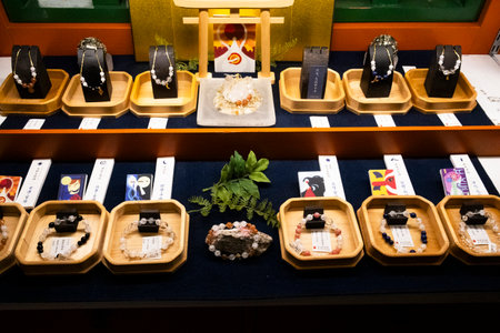 Variety handicrafts souvenirs crafts ornament accessory and handmade bracelet stone bead in gift shop studio for japanese people travelers select buy at Narita old town on July 7, 2024 in Tokyo, Japanのeditorial素材