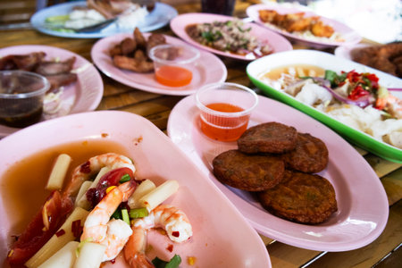 Traditional thai fusion food and cultural cuisine meal set thai style serve for customers travelers...
