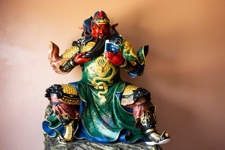 Ancient Vihara Ariya Guan Yu in Antique Chinese Shrine for thai traveler people travel visit and respect praying blessing holy deity myth mystery mystical angel holy at Sai Noi in Nonthaburi, Thailandの写真素材