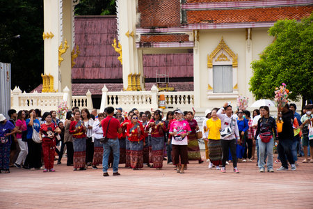 Local thai people join parade attend procession ritual give offering to Buddhist monk or buddhism priest in Kathin ceremony celebration at Wat Prasat temple on October 20, 2024 in Nonthaburi, Thailandのeditorial素材