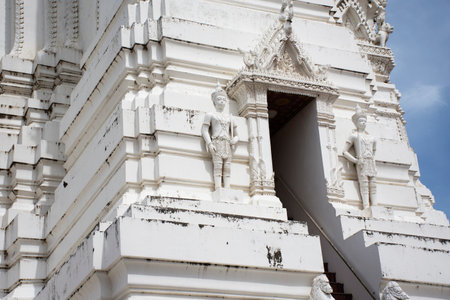 Ancient Stupa pagoda and antique old chedi for thai people travelers travel visit respect pray blessing holy wish relic of Buddha myth mystery in Wat Mahathat Worawihan Temple in Phetchaburi, Thailandの写真素材