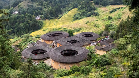 Traditional Chinese rural dwelling Nanjing Tulou Hakka Houses earth building rectangular or circular in configuration Fujian Nanjing Tulou Scenic Area in Shuyang township of Zhangzhou in Fujian, Chinaの写真素材