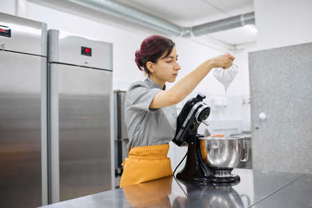 Pastry chef girl prepares fresh cakes at her small production facilityの写真素材