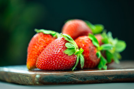 Strawberries on a wooden tray on a dark background, selective focusの写真素材