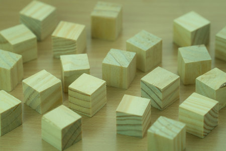 Wooden blocks on a wooden table. Close-up, selective focus.の写真素材