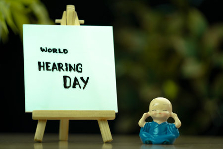 World Hearing Day concept with small figurine and white board on wooden tableの写真素材