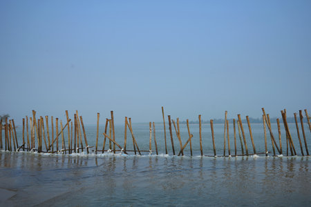 bamboo raft in the sea in winter, closeup of photoの写真素材