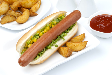 Chicken Jumbo Hotdog sandwich with fries & Ketchup on white plateの写真素材