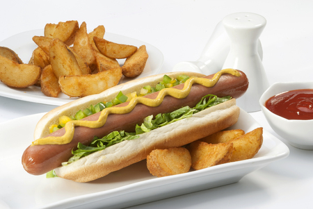 Chicken Jumbo Hotdog sandwich with fries & Ketchup on white plateの写真素材