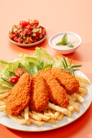 Fried chicken fillets with french fries and salad on an orange background.