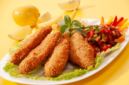Breaded fish fingers with salad and lemon on a yellow background