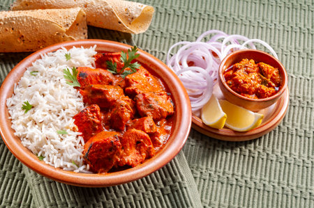 Indian tikka masala with basmati rice and onionの写真素材