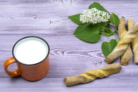 Orange mug with milk. Homemade sweet cookies. Sprig and white lilac flowers on the table. Springの写真素材