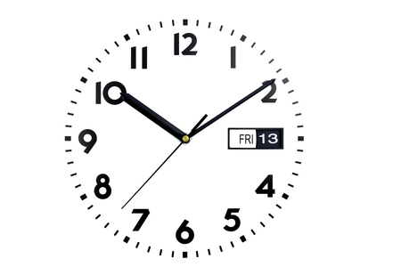 Top view of the clock face. The Dial of watches. The hands on the clock. Calendar, Friday, 13 day.の写真素材