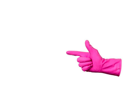 Isolated on a white background. Hand in pink rubber glove.の写真素材