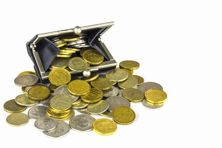 Isolated. Loose coins. Wallet full of coins. Russian coins - rublesの写真素材