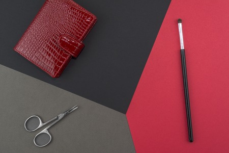 Women's accessories, red business card holder, scissors, makeup brush on colorful backgroundsの素材 [FY310112399225]