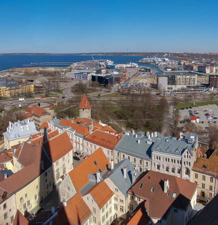Tallinn, Estonia. View of the old town and port. Spring time. Square Panorama of two picturesの写真素材