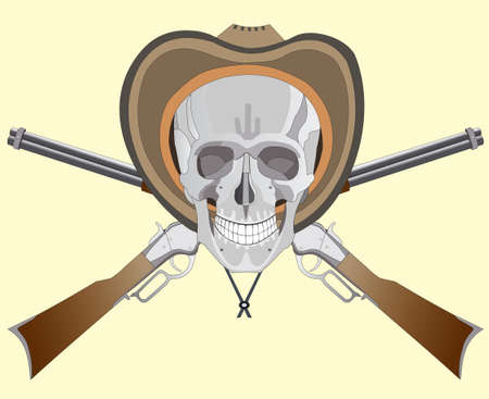 the skull a hat on and two gunsのイラスト素材