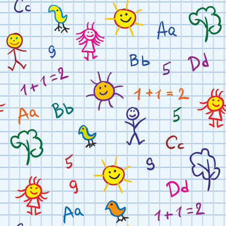  school vector seamless with abc drawing boy and girl trees and sunのイラスト素材