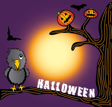 the halloween crow looking at pumpkin on the treeのイラスト素材