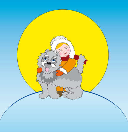 little boy and puppy - winter postcardのイラスト素材