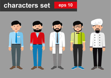 Professions characters set  icons. Vector illustration. The seller, cowboy, doctor, student, chefのイラスト素材
