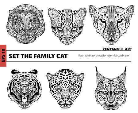 set the family cat, coloring book for adults, art, pattern, hand drawn illustrationのイラスト素材