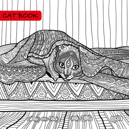 coloring book for adults - cat book, ink pen, black and white background, intricate pattern, doodleのイラスト素材
